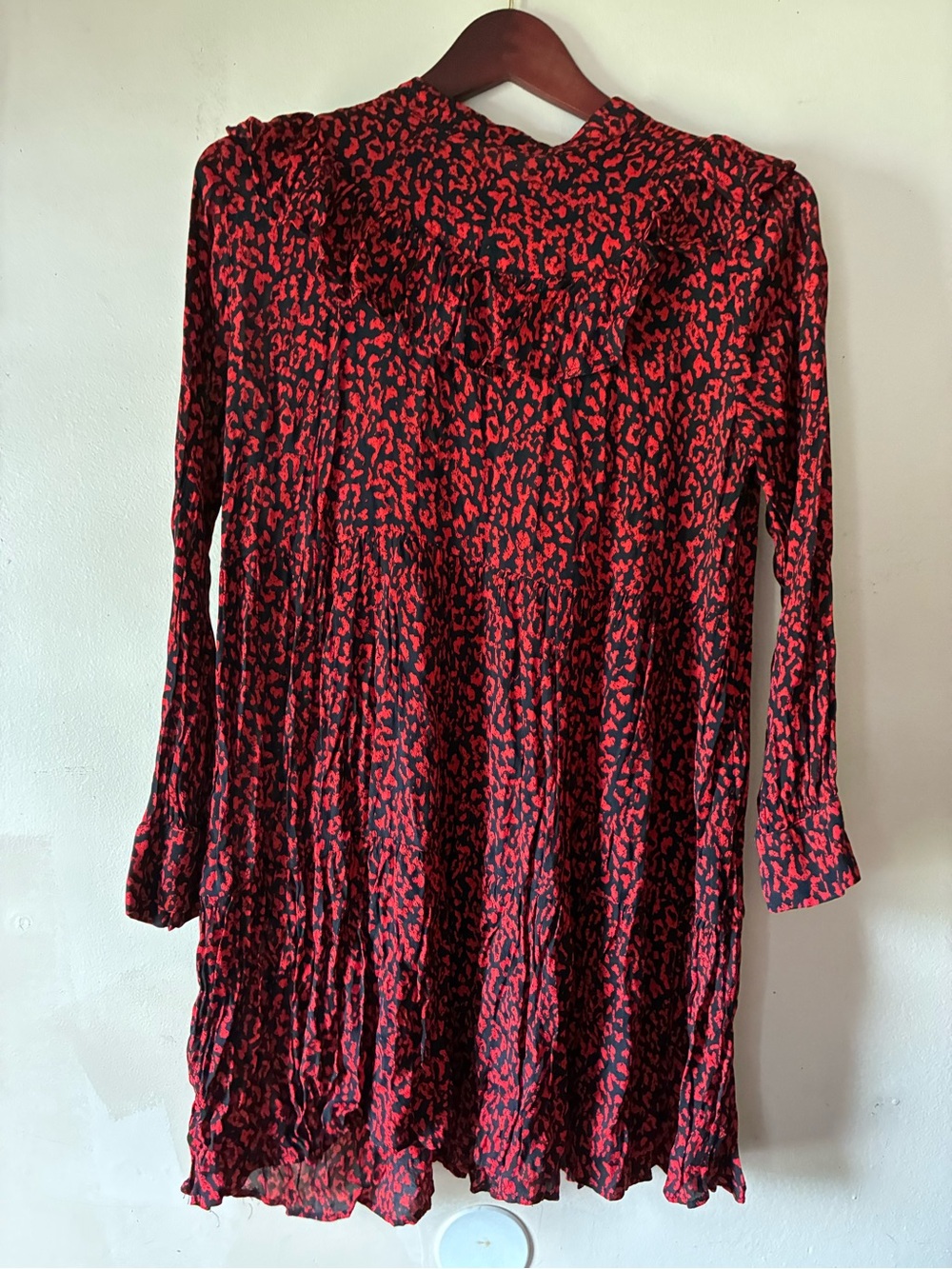 Zara Red and Black Printed Long-Sleeve Tunic with Ruffle Yoke